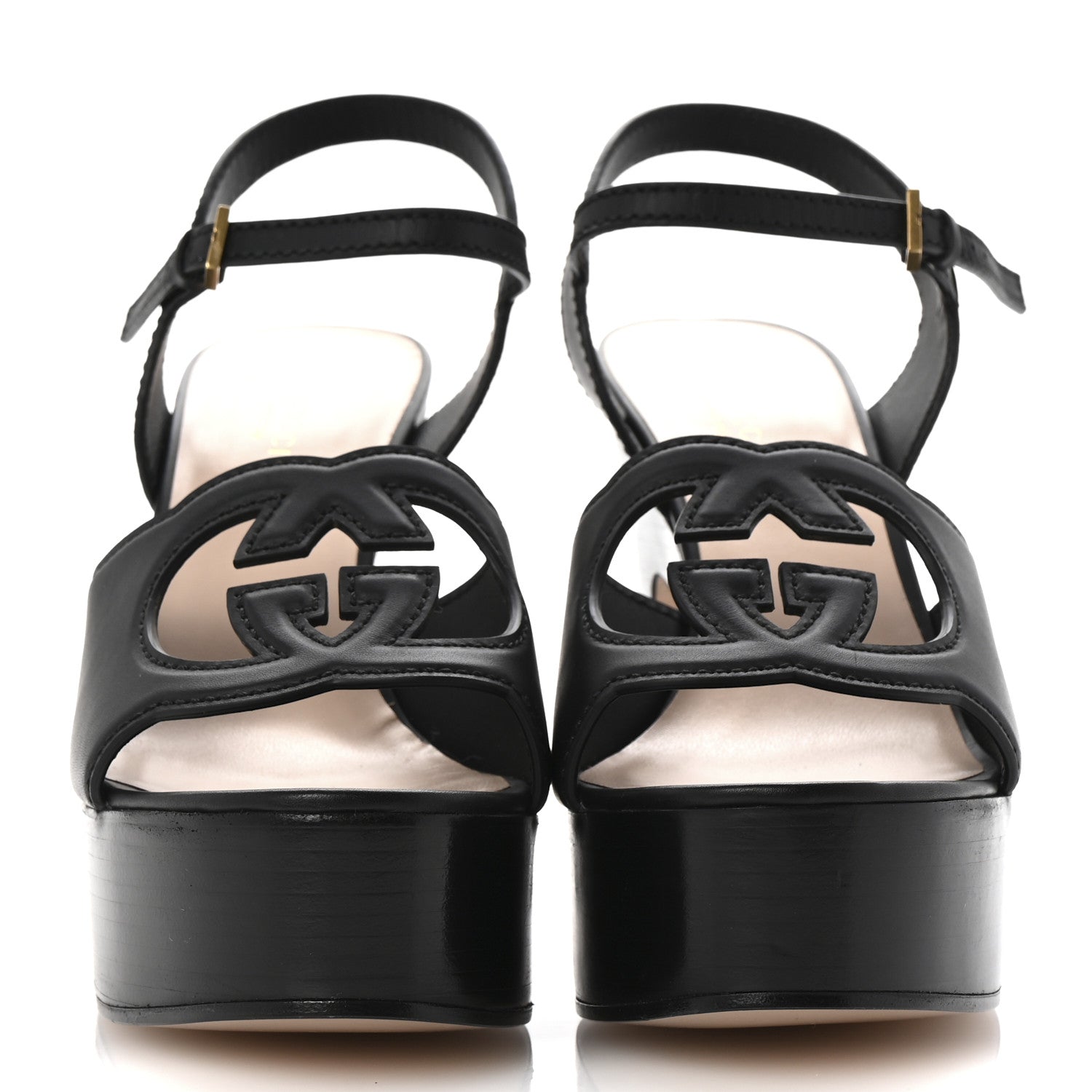 Cosmos Softy Calfskin Wooden Interlocking G Cut-Out 30/120mm Platform Sandals 40.5 Black