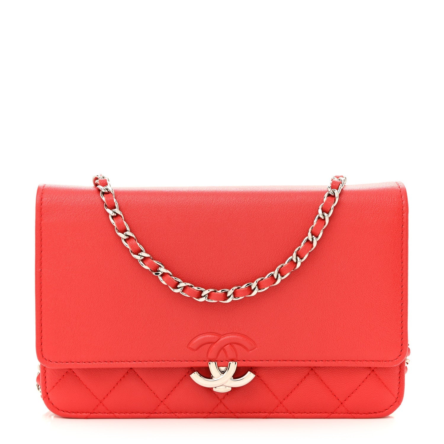 Grained Calfskin Quilted CC Box Wallet On Chain WOC Red