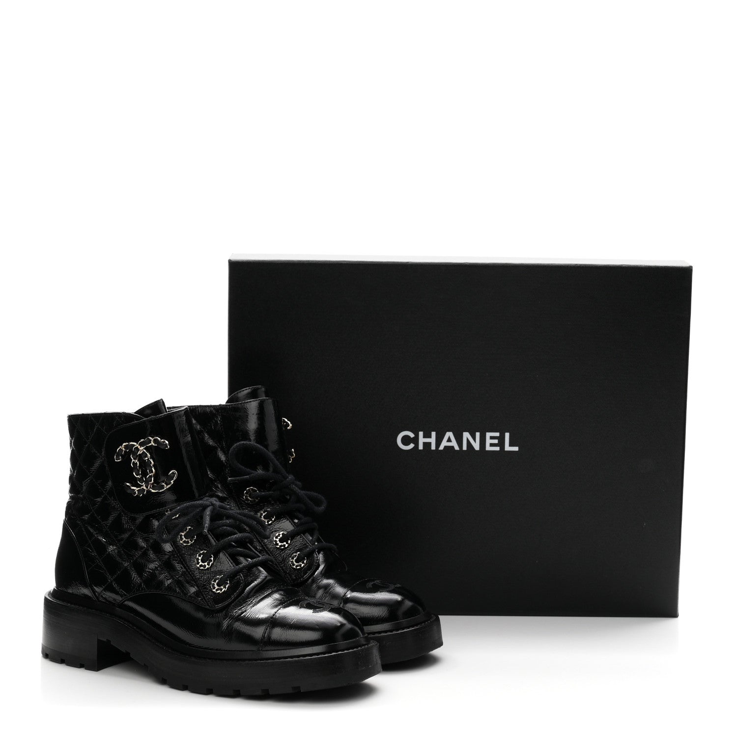 Shiny Lambskin Quilted Lace Up Combat Boots 38 Black