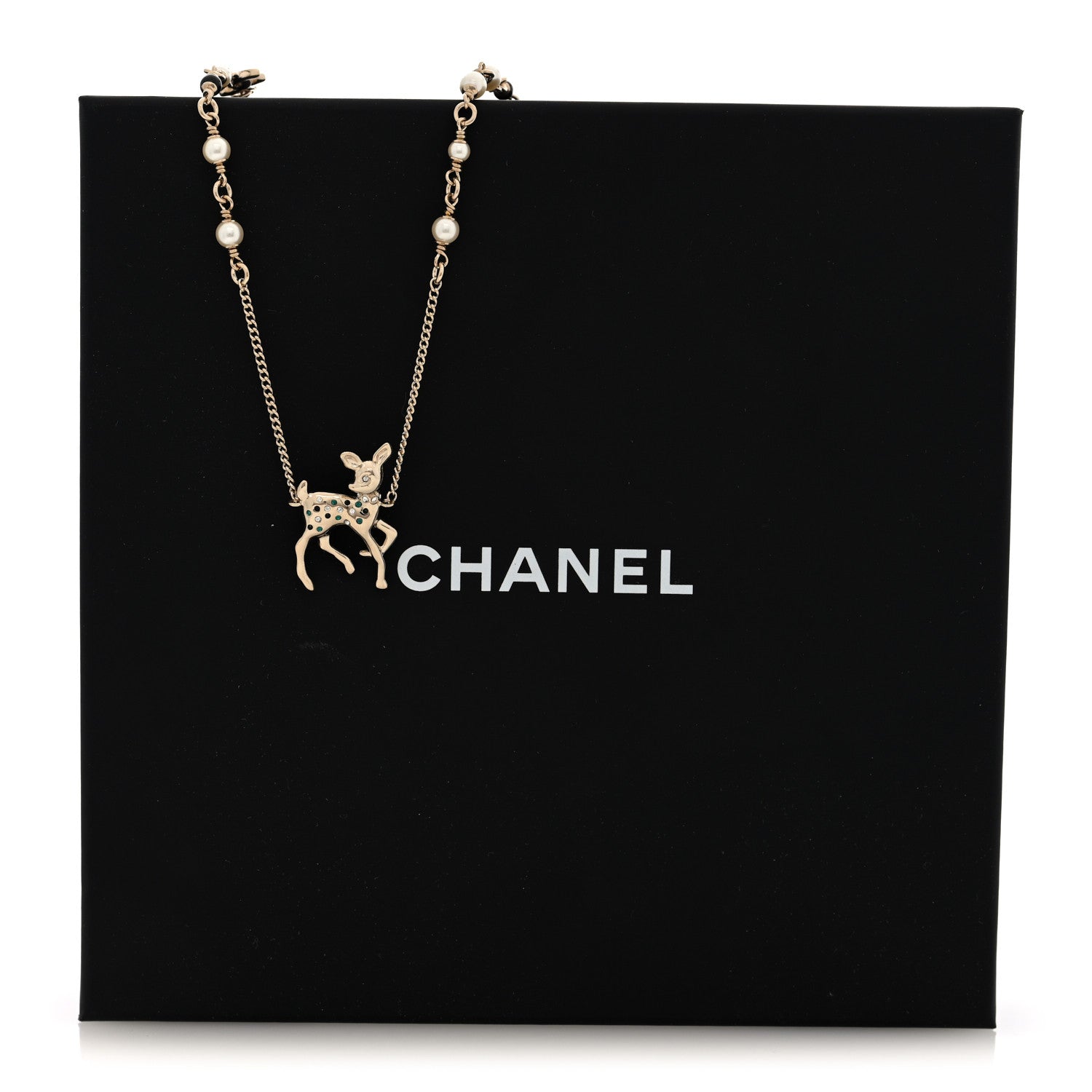 Pearl Crystal CC Deer Long Necklace Gold Green