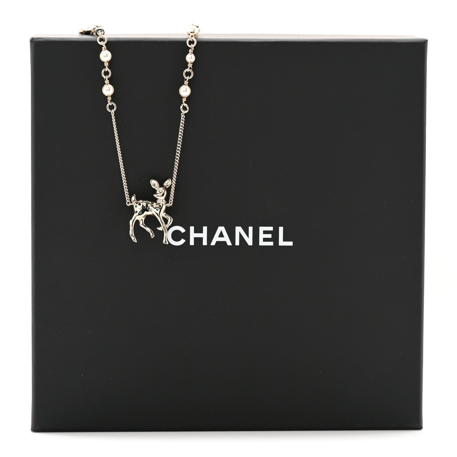 Pearl Crystal CC Deer Long Necklace Gold Green