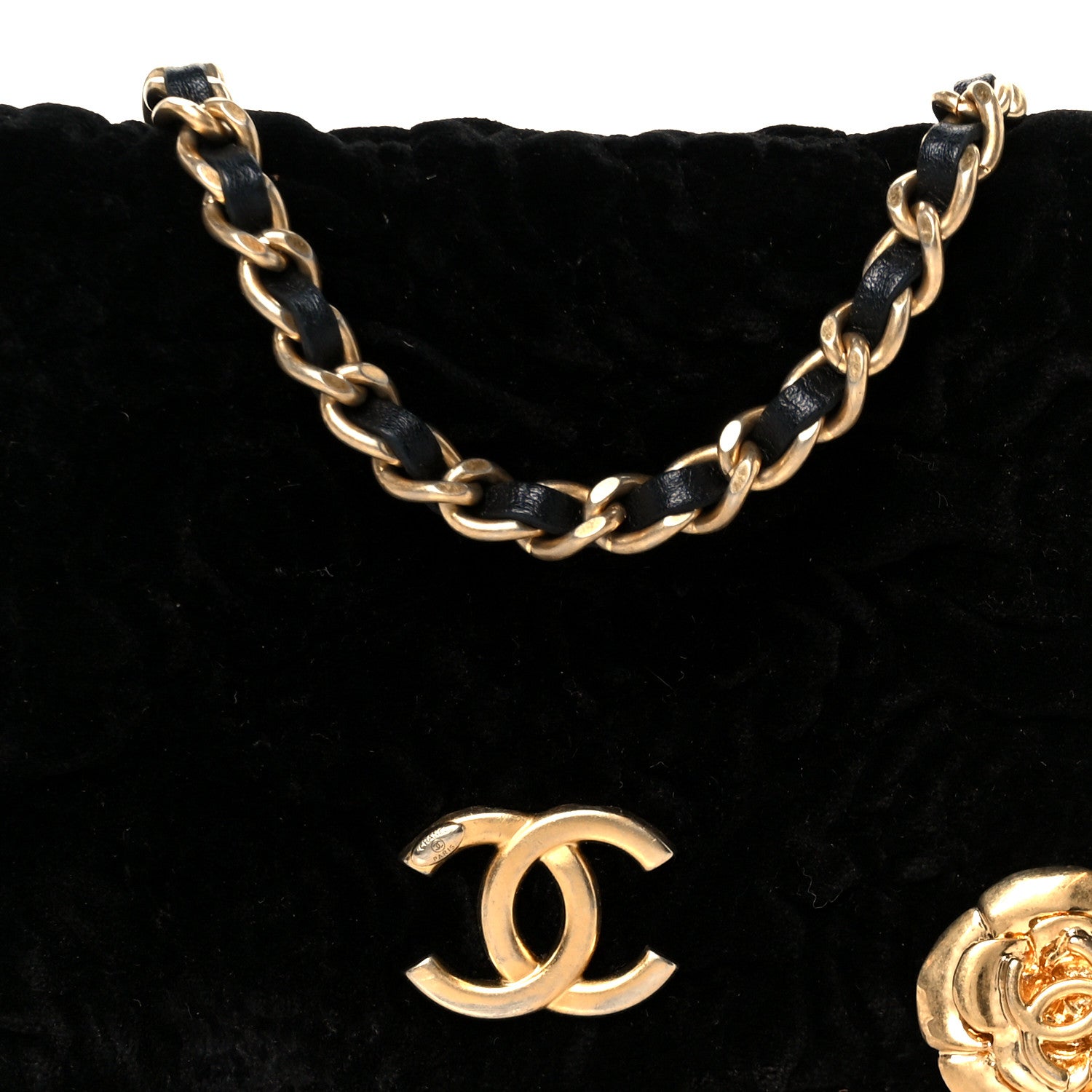 Velvet Quilted Camellia Velvet Flap Coin Purse With Chain Black