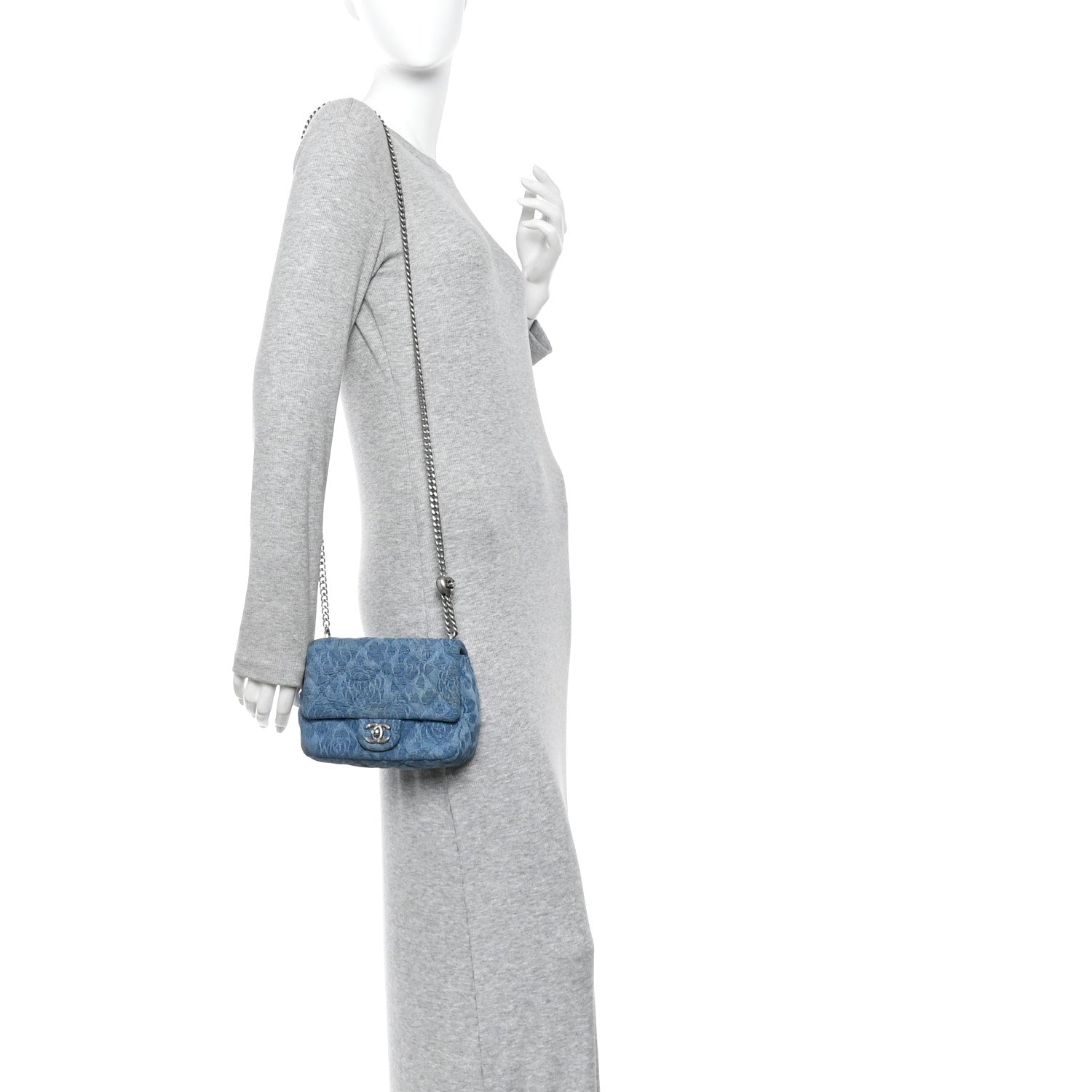 Denim Quilted Camellia Sweetheart Mini Flap Blue