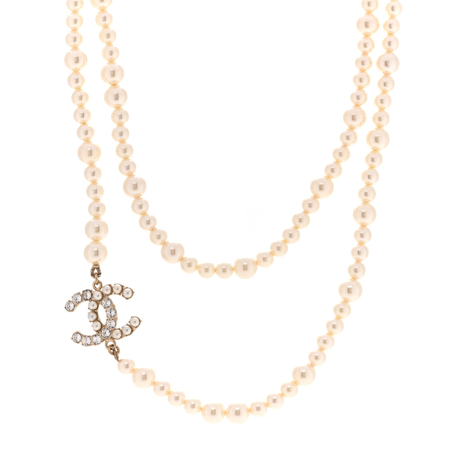 Pearl Baguette Crystal CC Long Necklace Gold