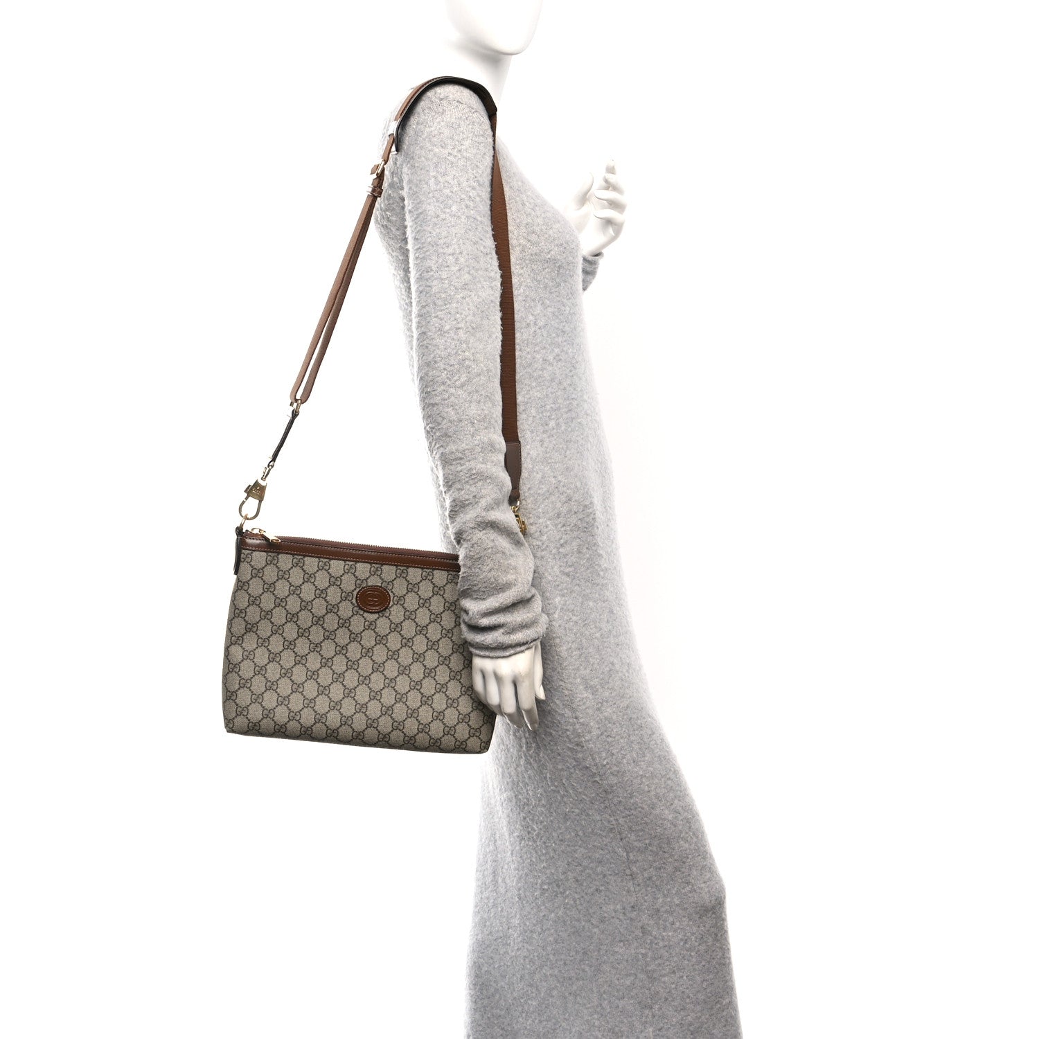 GG Supreme Monogram Azalea Calfskin Retro Interlocking G Wristlet Messenger Bag Beige Ebony Brown Sugar