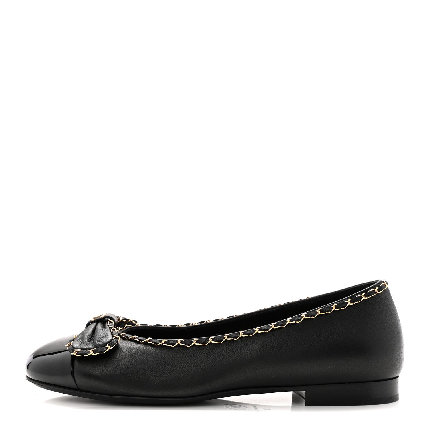 Lambskin Patent Cap Toe Chain Around Ballerina Flats 36 Black