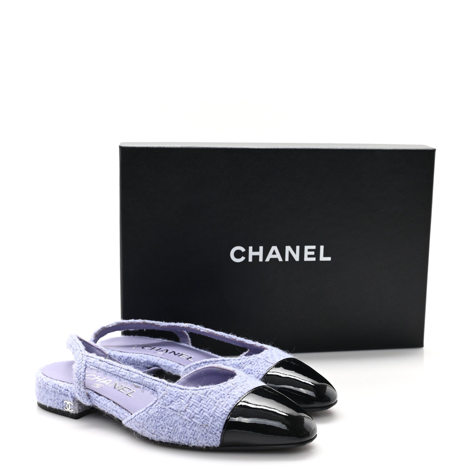 Tweed Cap Toe CC Slingback Flat 35.5 Lilac Black
