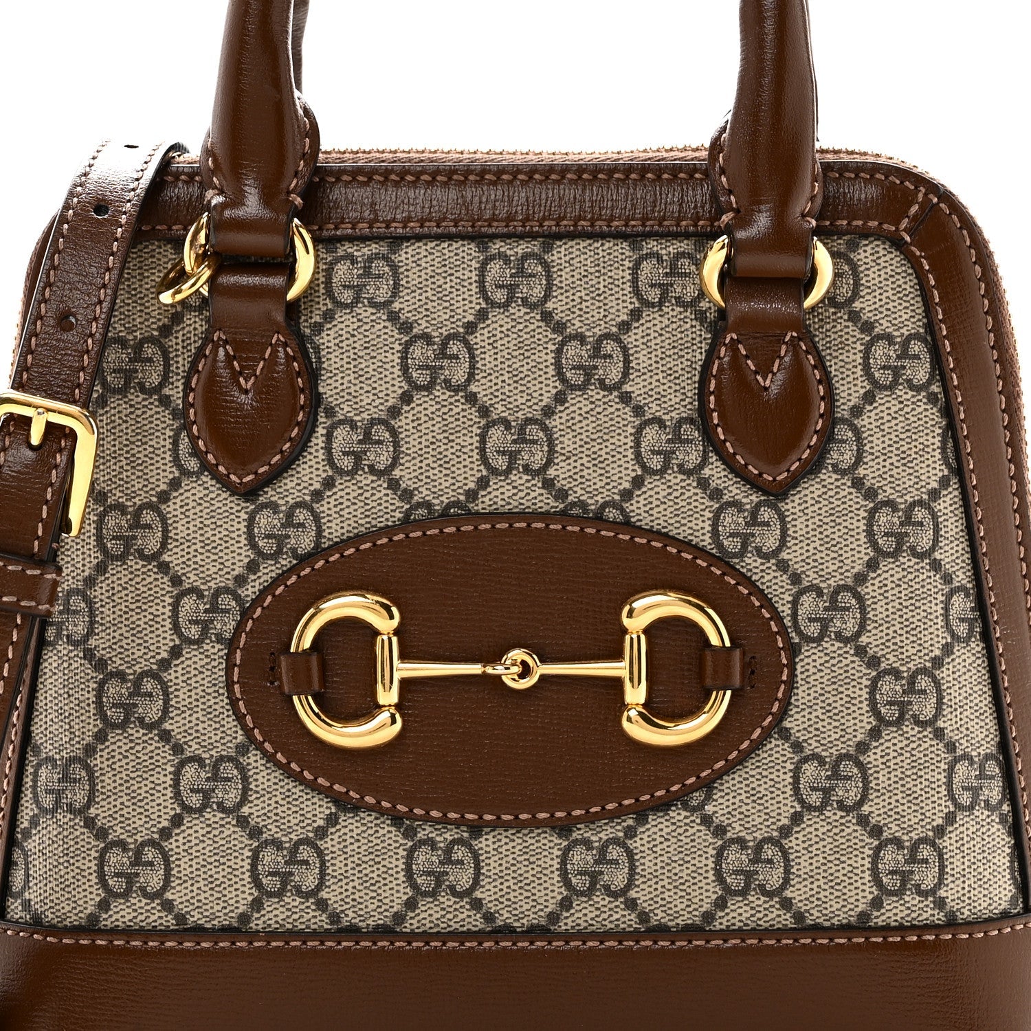 GG Supreme Monogram Azalea Calfskin Mini Horsebit 1955 Top Handle Bag Beige Ebony Brown Sugar