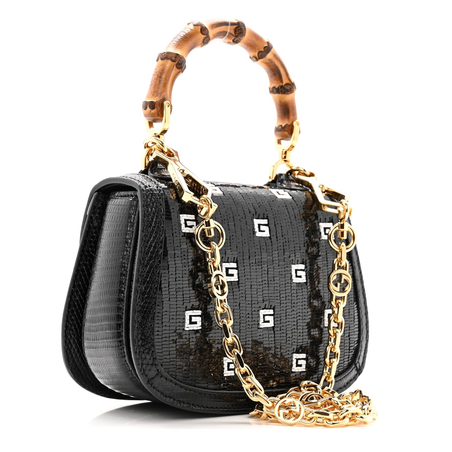 Sequin Lizard Embossed GG Mini Bamboo 1947 Top Handle Chain Bag Black White