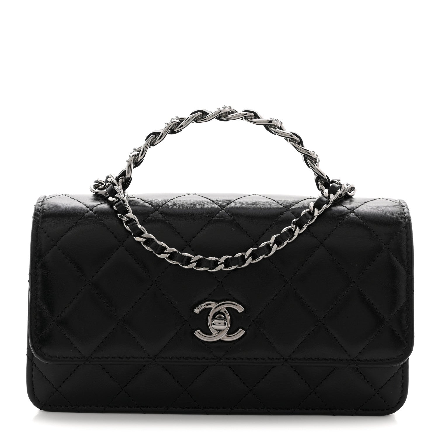 Shiny Crumpled Calfskin Crystal Quilted Precious Handle Clutch With Chain Black