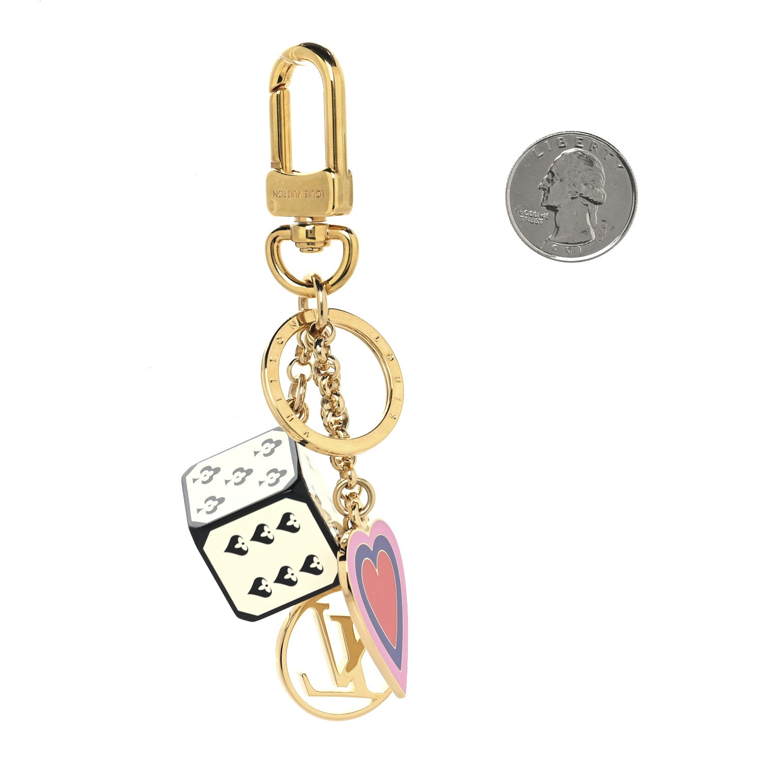 Metal Resin Game On Dice and Heart Charm Key Holder Gold