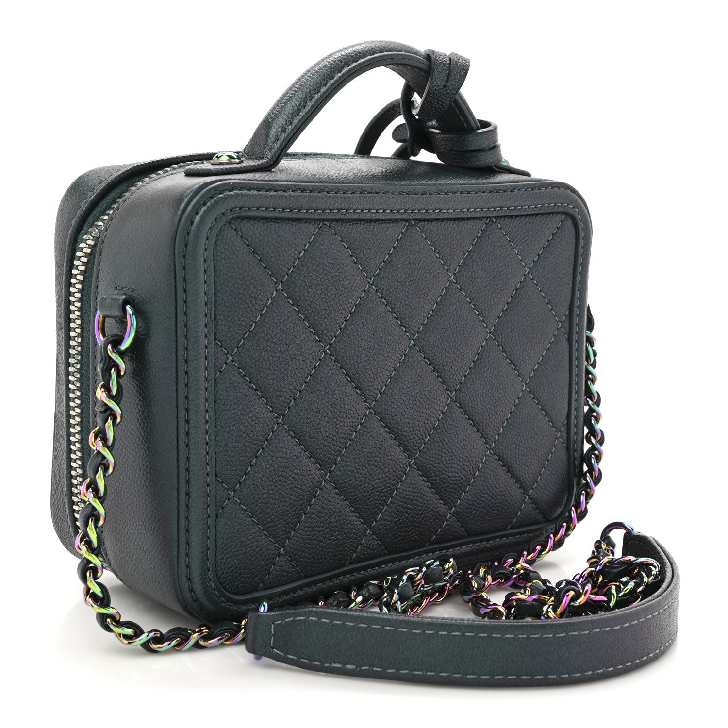 Iridescent Caviar Quilted Small CC Filigree Vanity Case Dark Turquoise