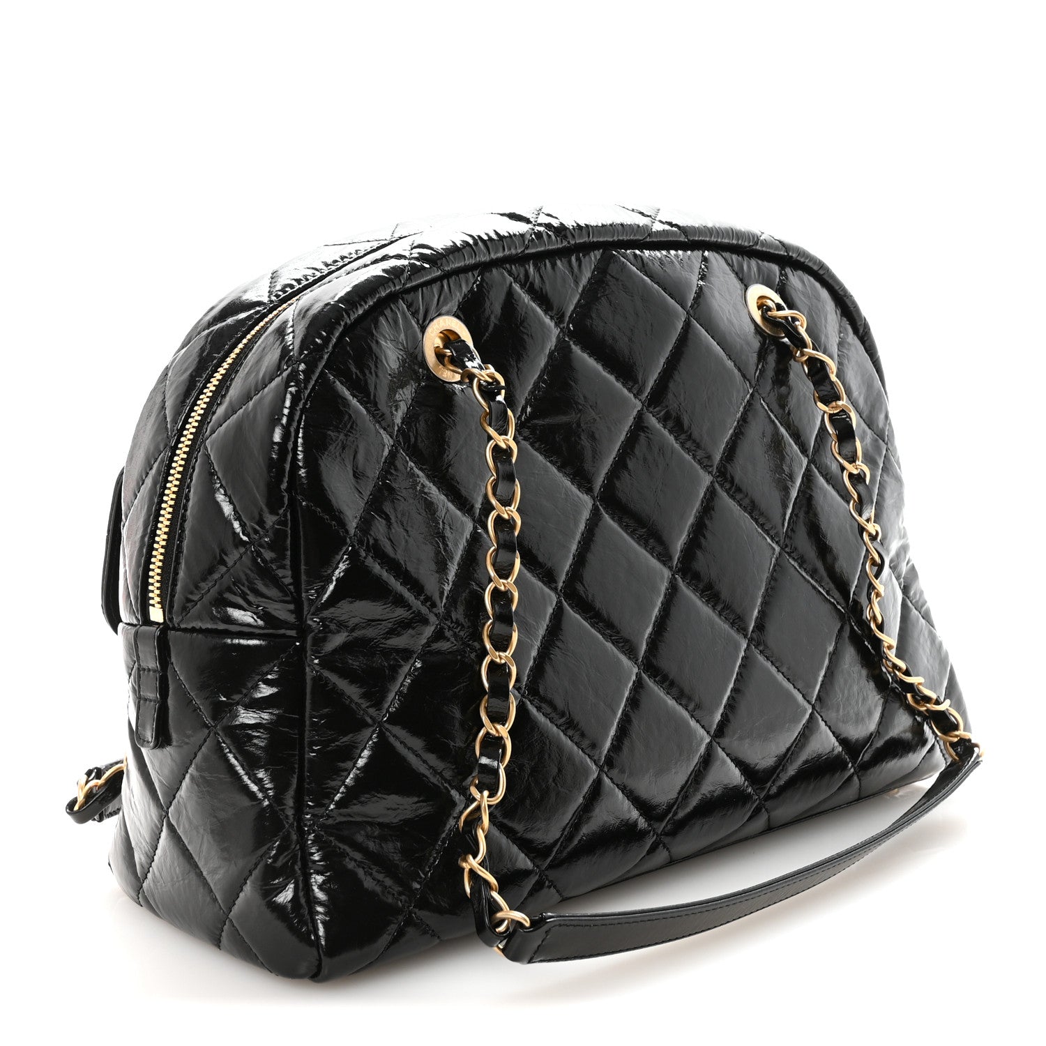 Shiny Crumpled Calfskin Quilted Large Bowling Bag Black