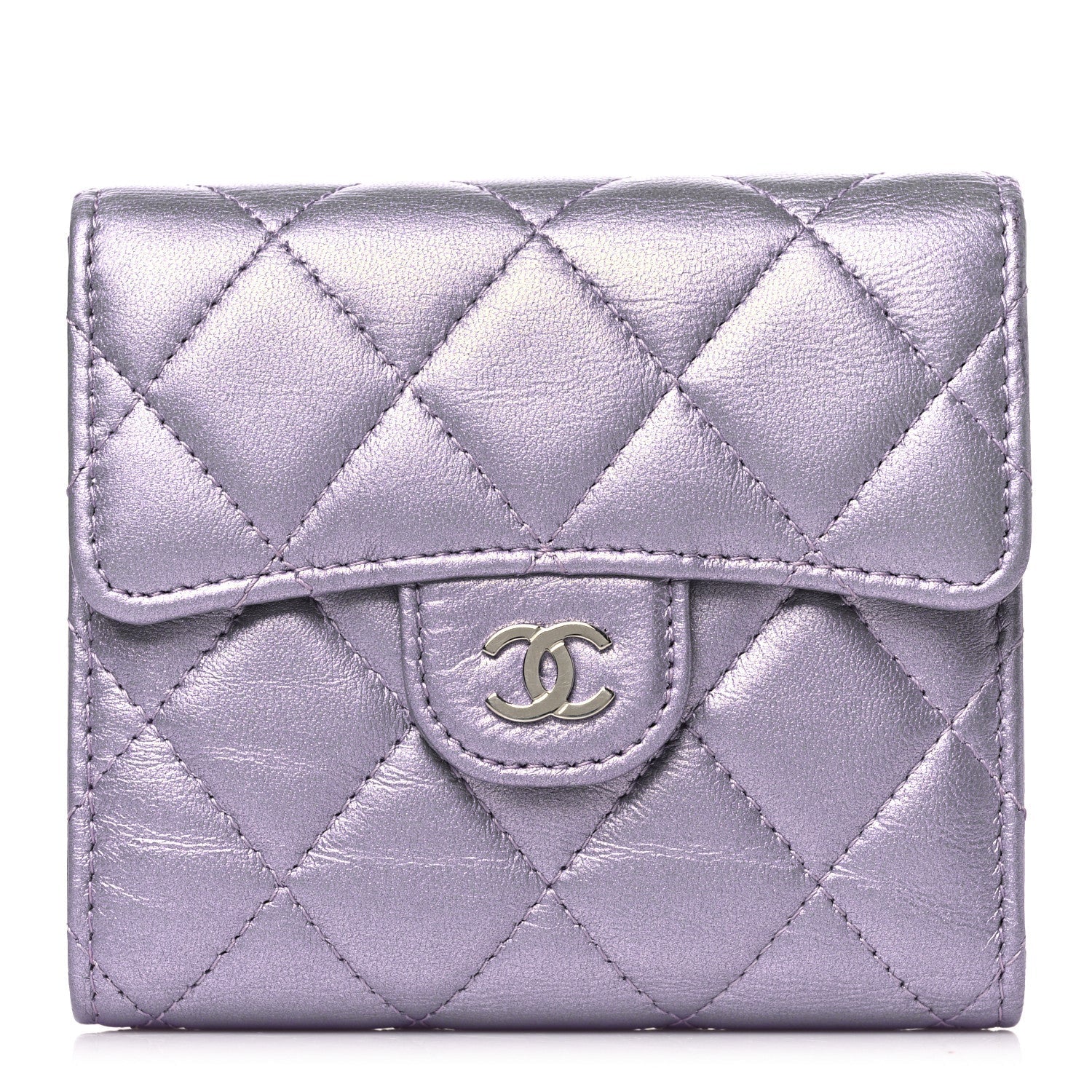 Iridescent Lambskin Quilted Compact Flap Wallet Purple