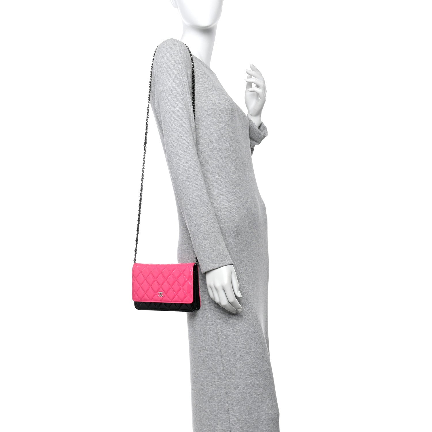 Patent Quilted Bi-Color Wallet On Chain WOC Pink Black