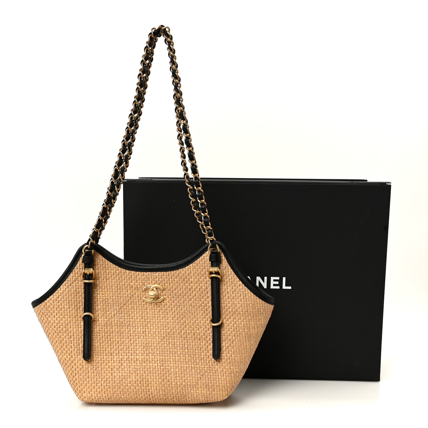Braided Raffia Stitched Small Shopping Bag Dark Beige Black