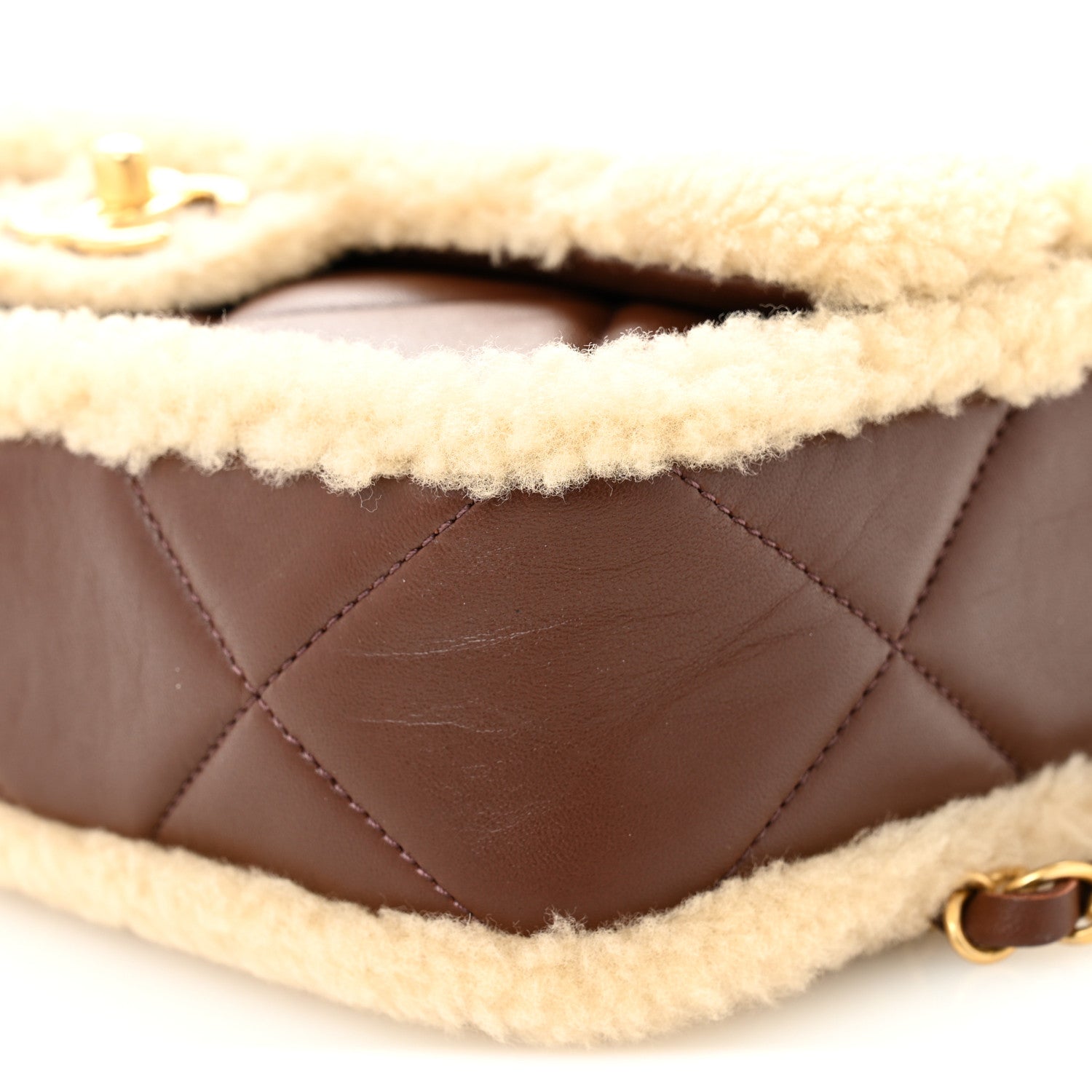Shearling Lambskin Quilted Furry Coco Flap Beige Dark Brown