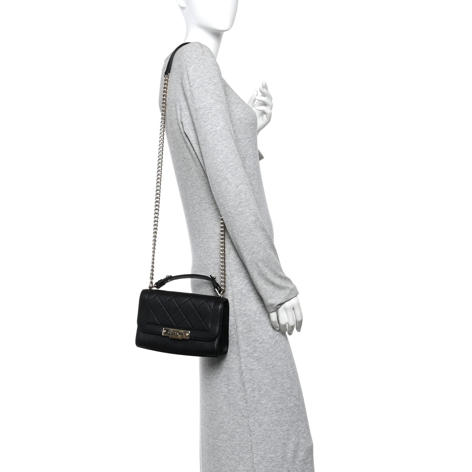 Grained Calfskin Quilted Small Label Click Flap Bag Black
