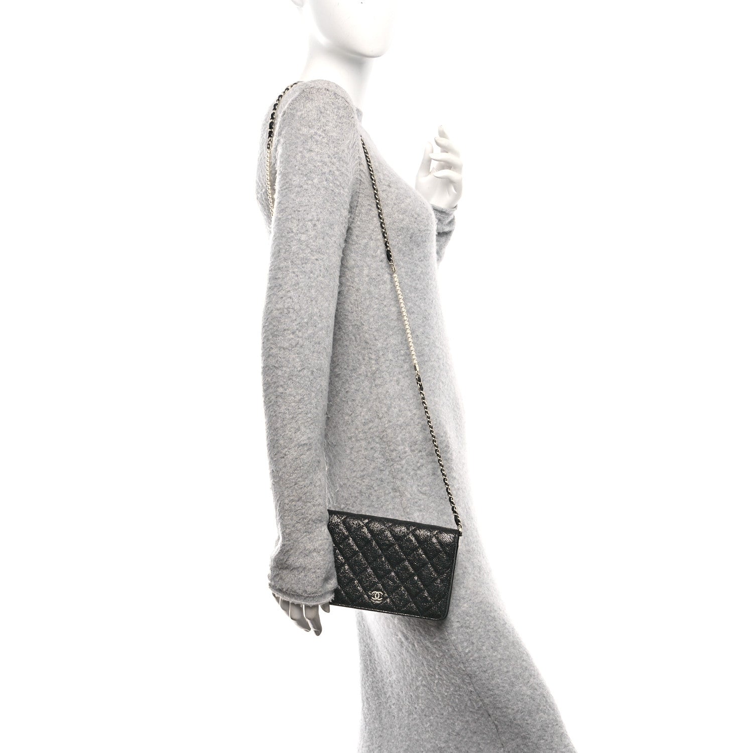 Crackled Patent Calfskin Quilted Pearl Wallet On Chain WOC Black