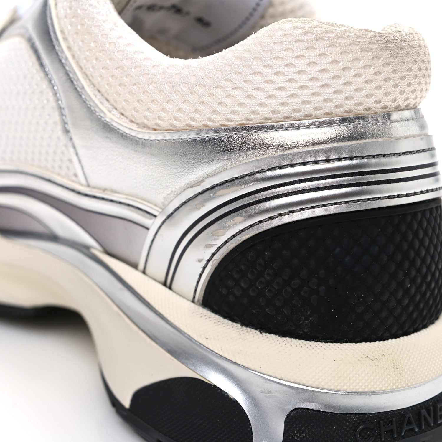 Fabric Laminated Calfskin Stretch CC Womens Sneakers 40 White Silver