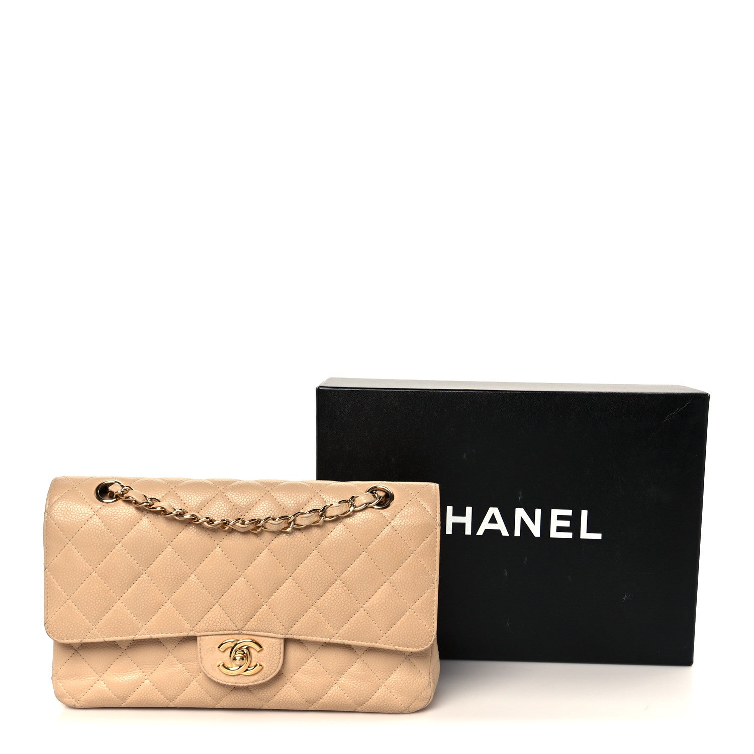 Caviar Quilted Medium Double Flap Beige