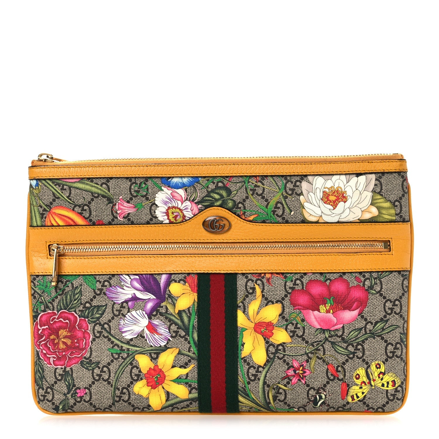 GG Supreme Monogram Flora Large Ophidia Pouch Clutch Beige Multicolor Crop