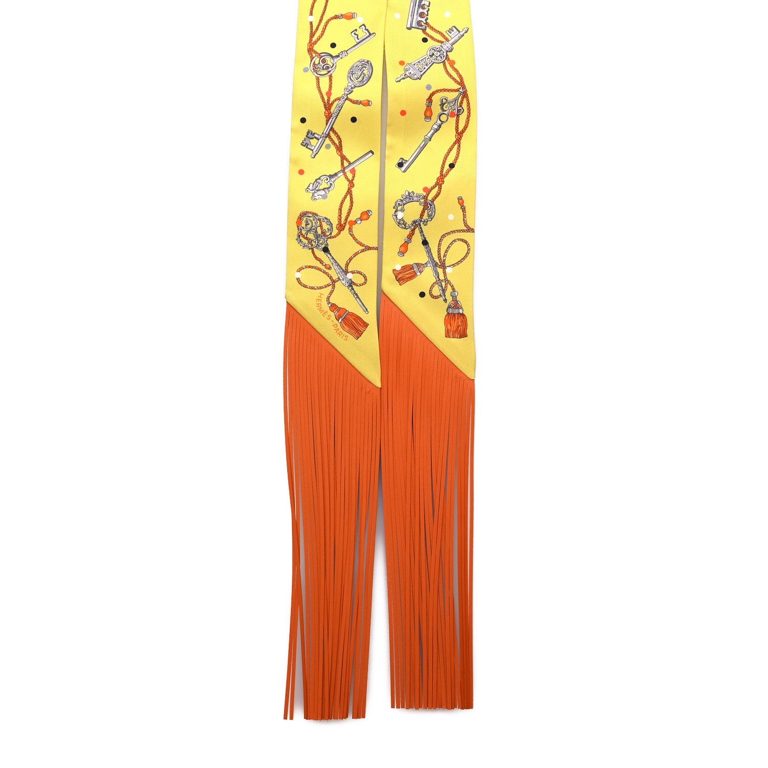 Silk Calfskin Les Cles A Pois Fringed Twilly Jaune Argent Orange Vif