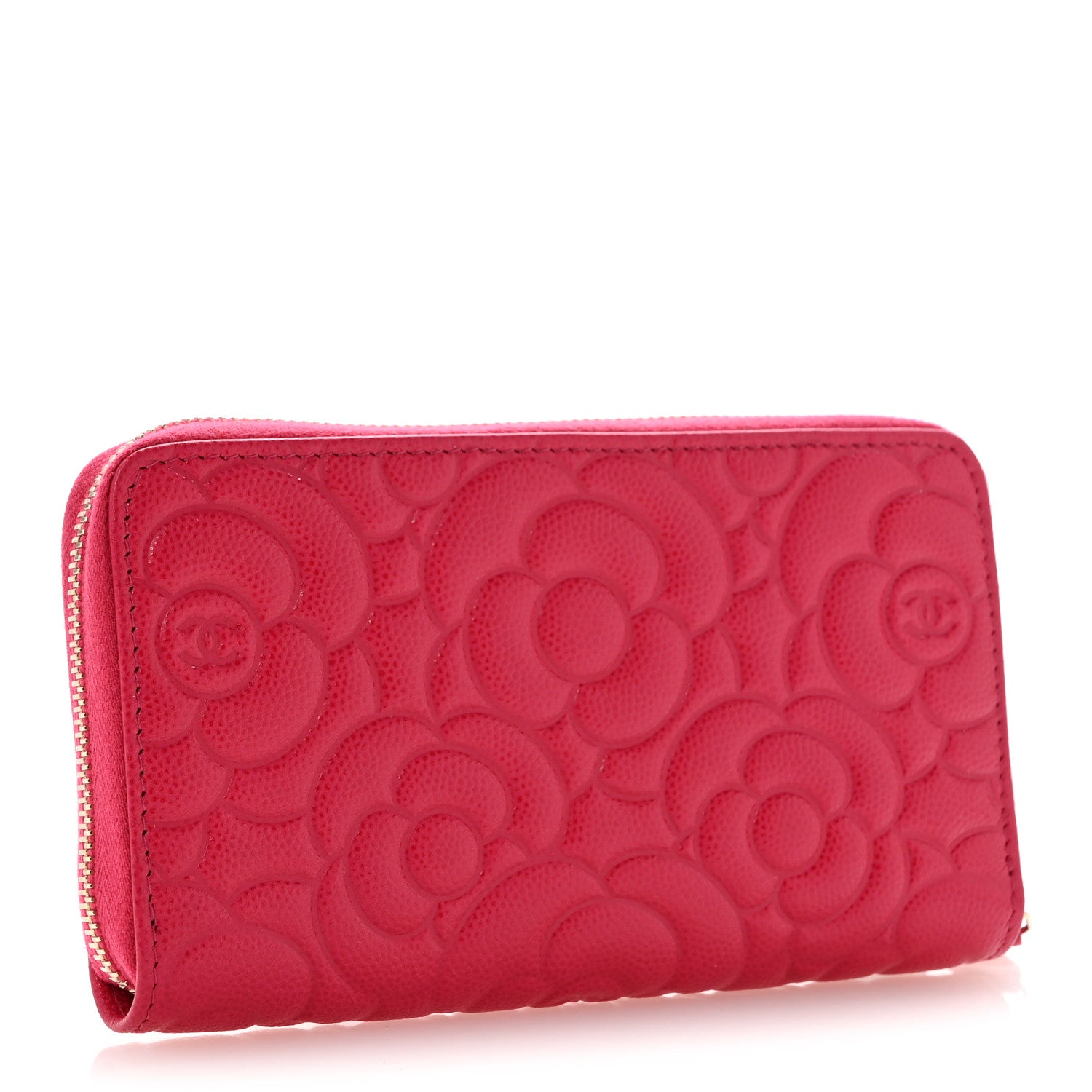 Caviar Camellia Embossed Medium Zip Around Gusset Wallet Pink