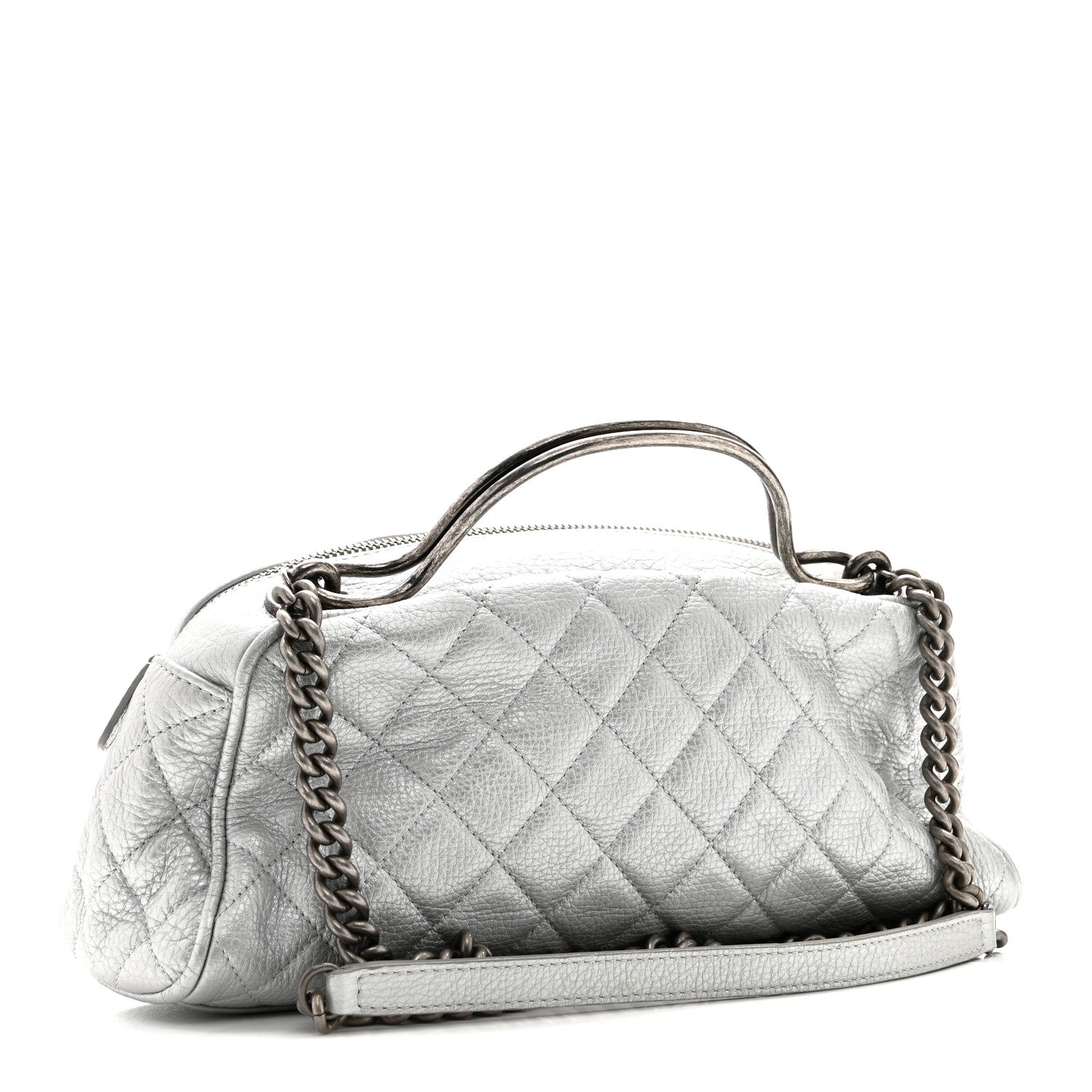 Metallic Calfskin Quilted Mini Bowling Bag Silver