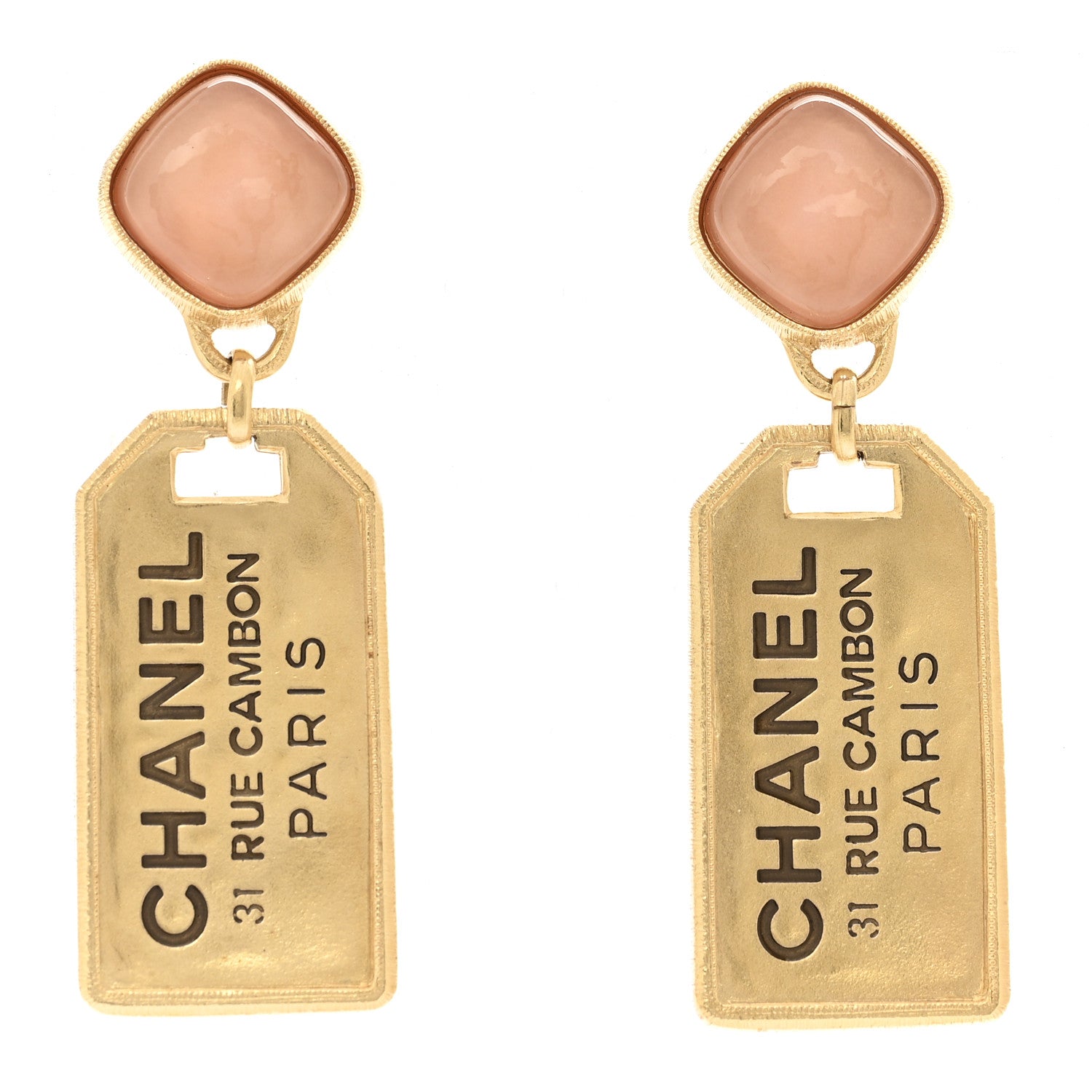CC Tags Drop Earrings Gold Pink