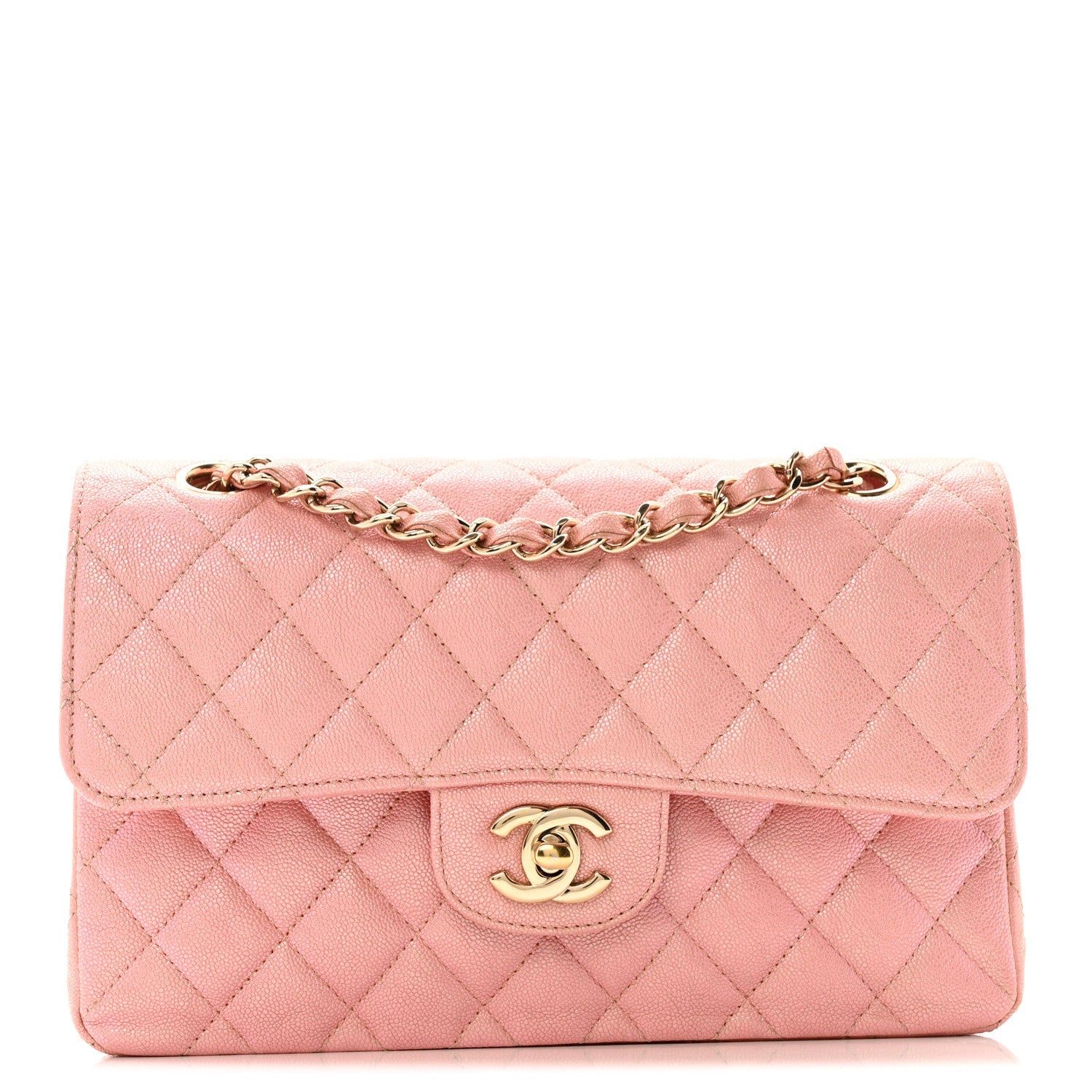 Iridescent Caviar Quilted Small Double Flap Pink