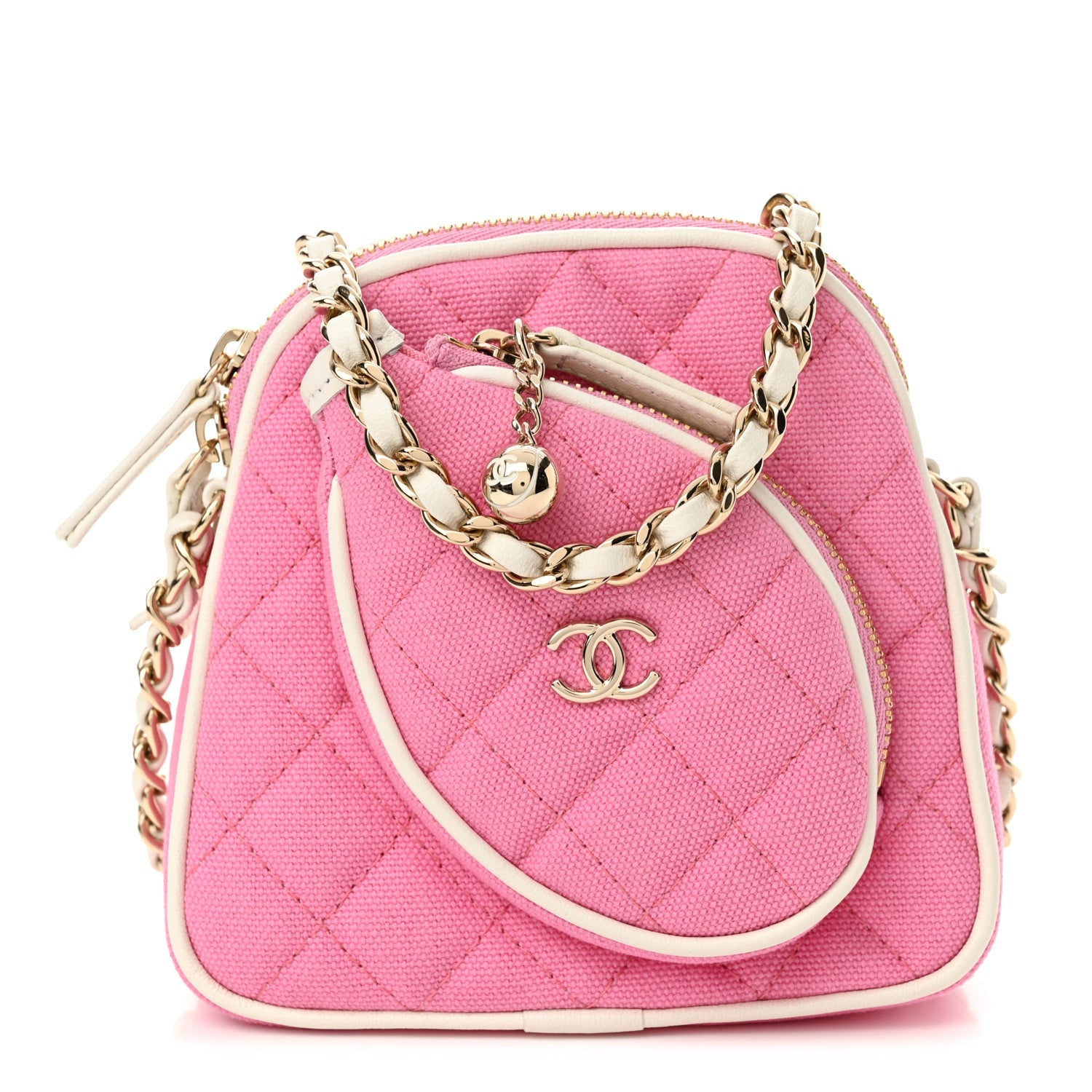 Canvas Calfskin Tennis Racket Clutch With Chain Pink White