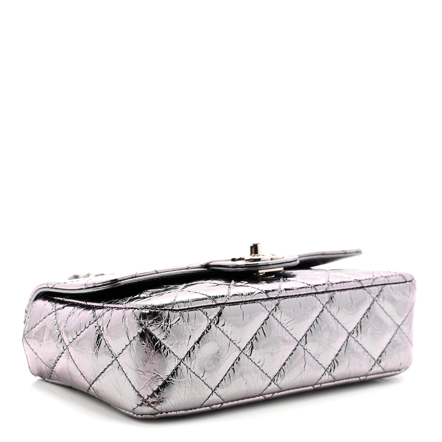 Crumpled Metallic Calfskin Quilted Ring Handle Mini Flap Silver