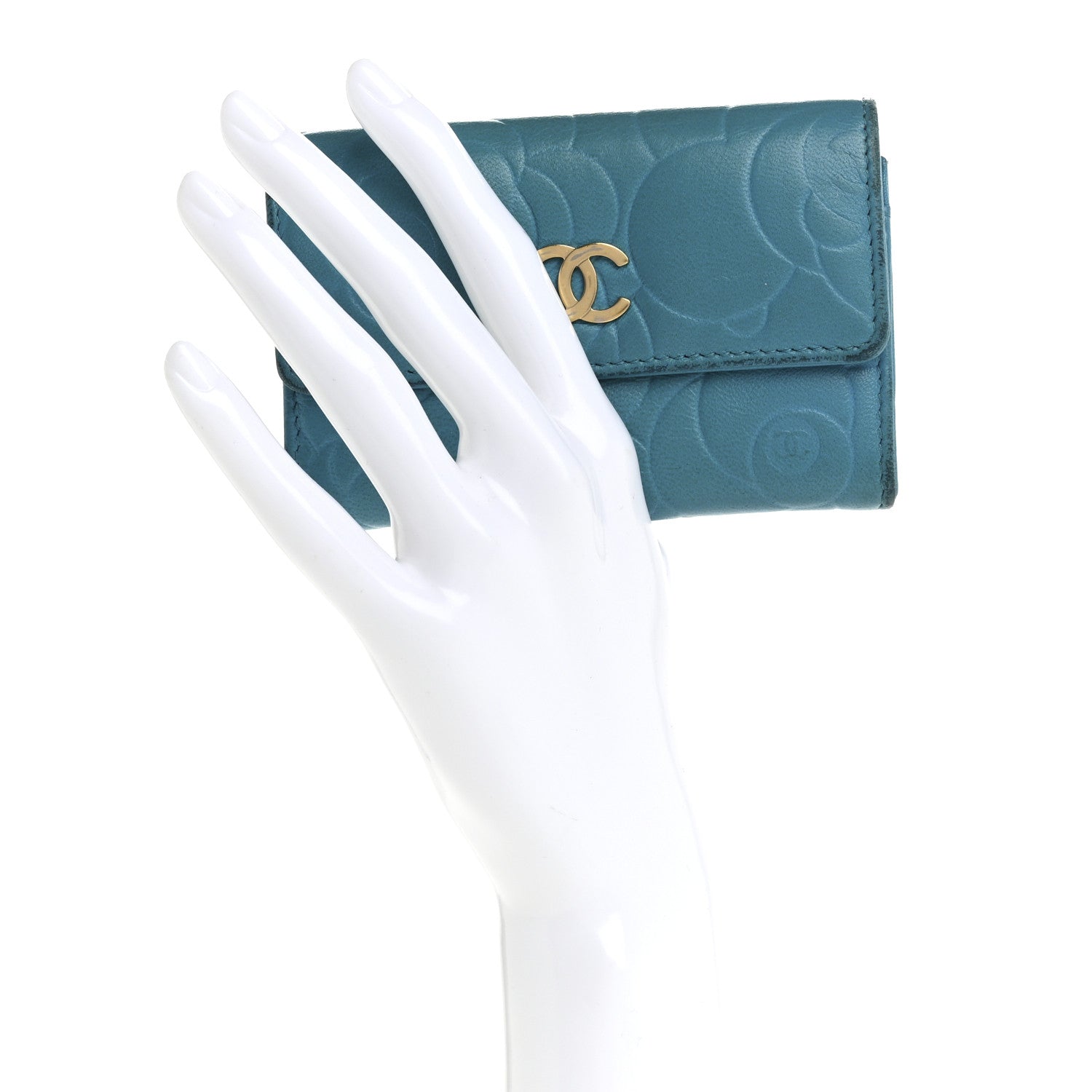 Lambskin Camellia Embossed Flap Card Holder Blue