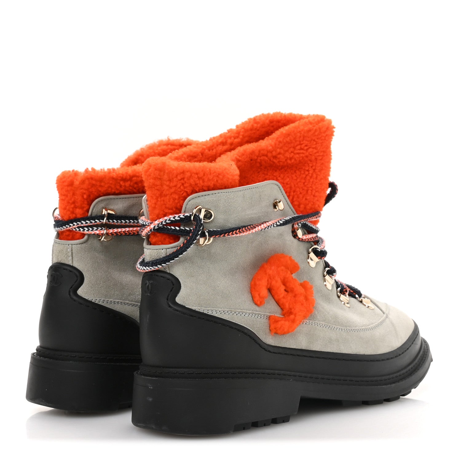 Suede Calfskin Shearling CC Lace Up Boots 40.5 Grey Orange Black