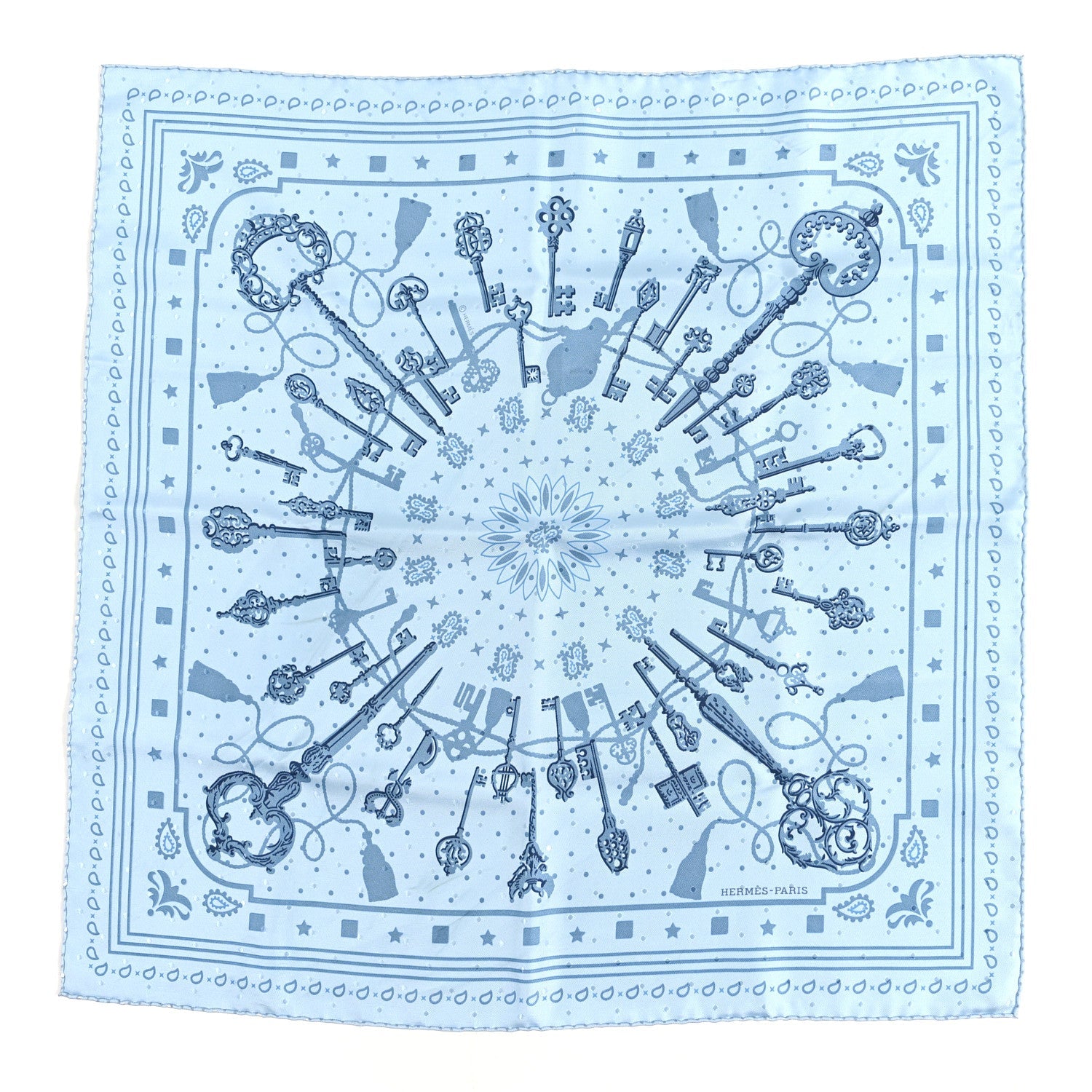Silk Les Cles Bandana Scarf 55 Bleu Ciel Bleu Jean Gris