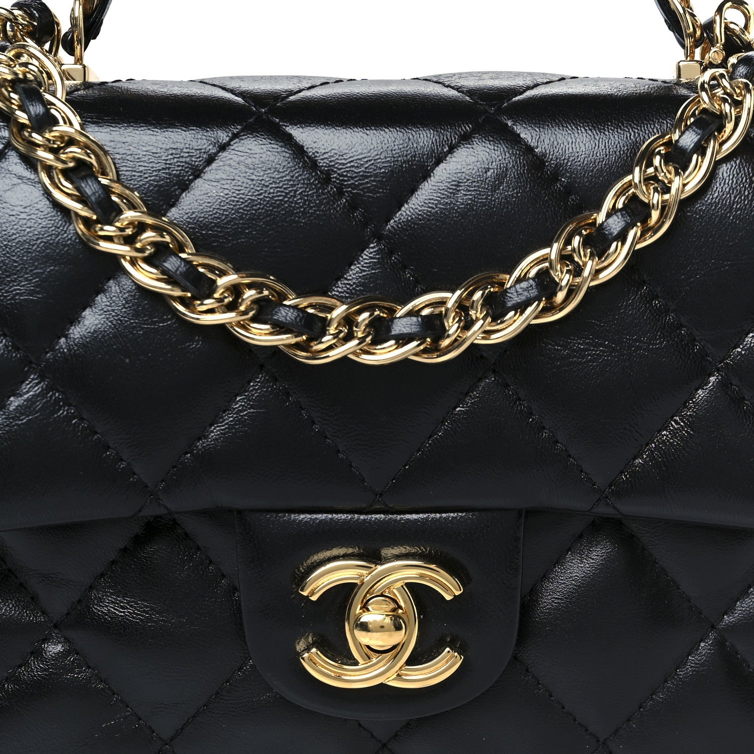 Shiny Lambskin Quilted Golden Links Top Handle Flap Black