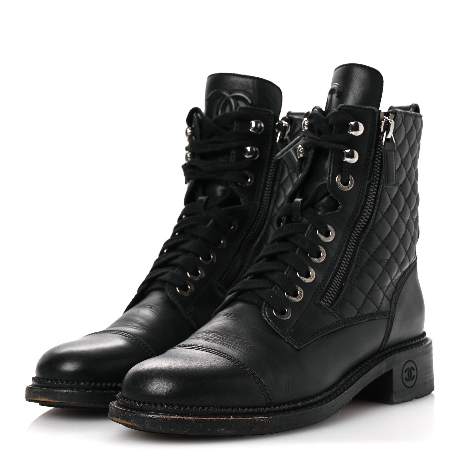 Calfskin Quilted Lace Up Combat Boots 37.5 Black