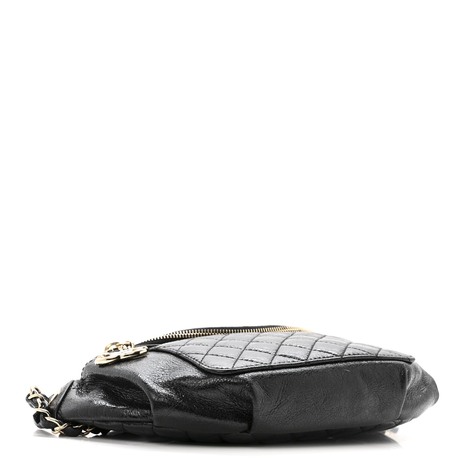 Crumpled Glazed Lambskin Quilted Waist Bag Fanny Pack Black