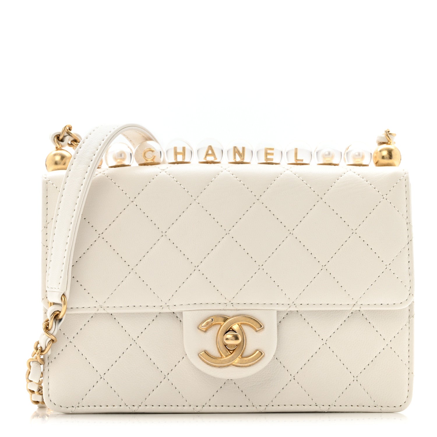 Lambskin Quilted Small Chic Pearls Flap White
