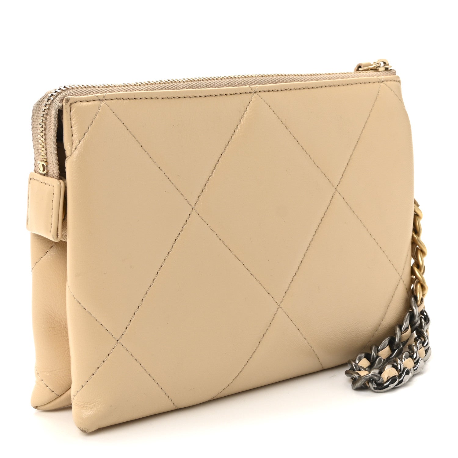 Shiny Goatskin Quilted Chanel 19 Small Pouch With Handle Beige