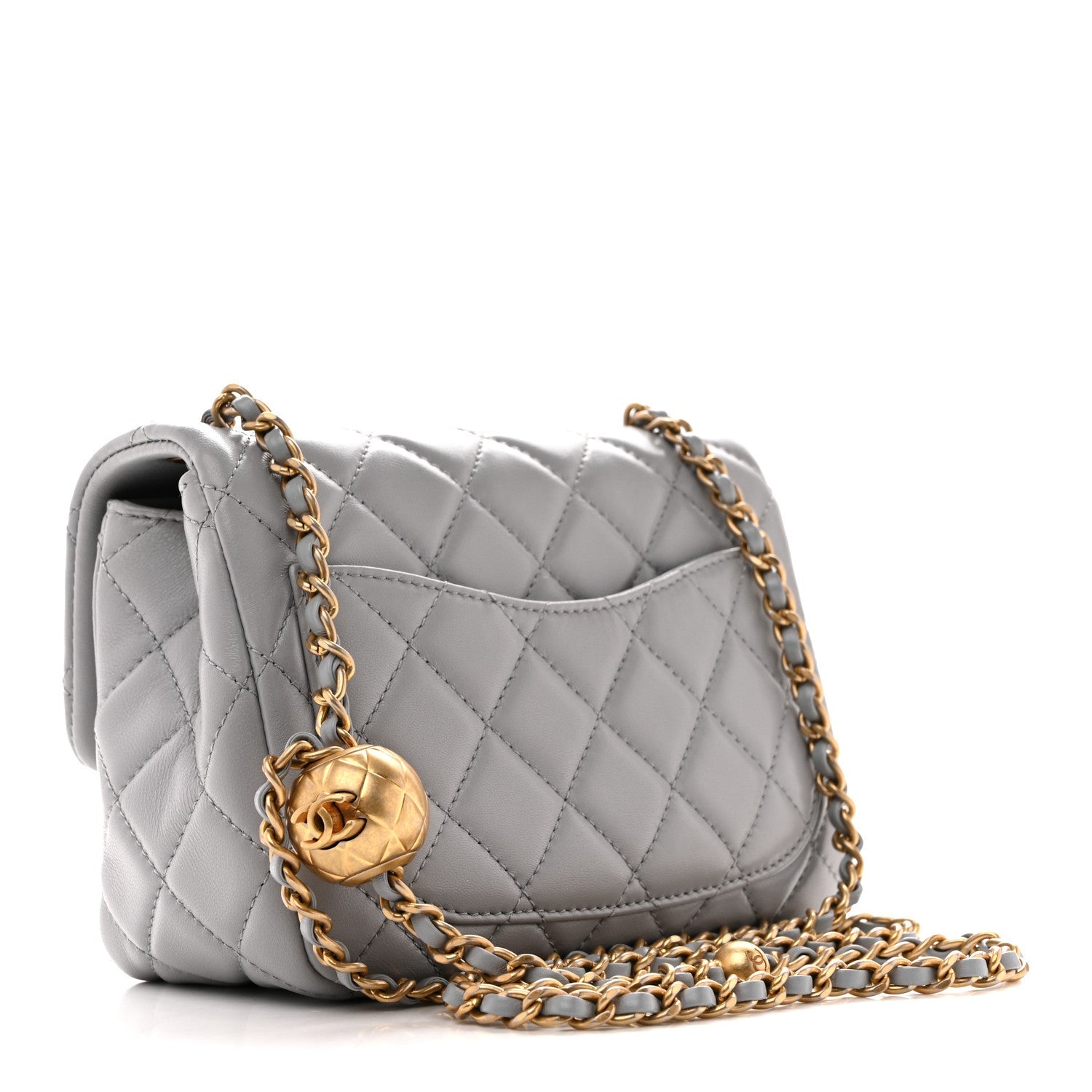 Lambskin Quilted Mini Pearl Crush Flap Light Grey