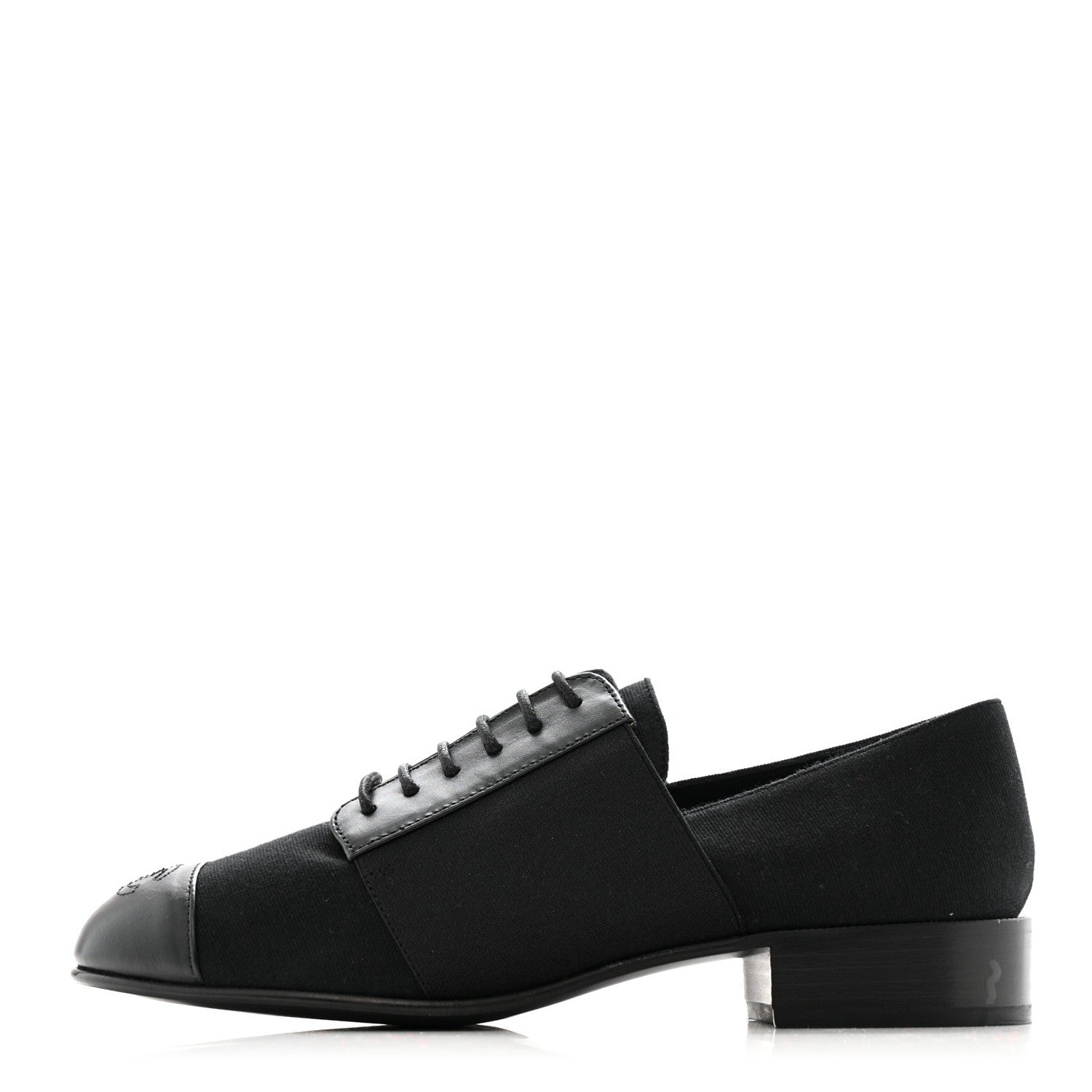 Calfskin Elastic Lace Up Cap Toe CC Loafers 37 Black