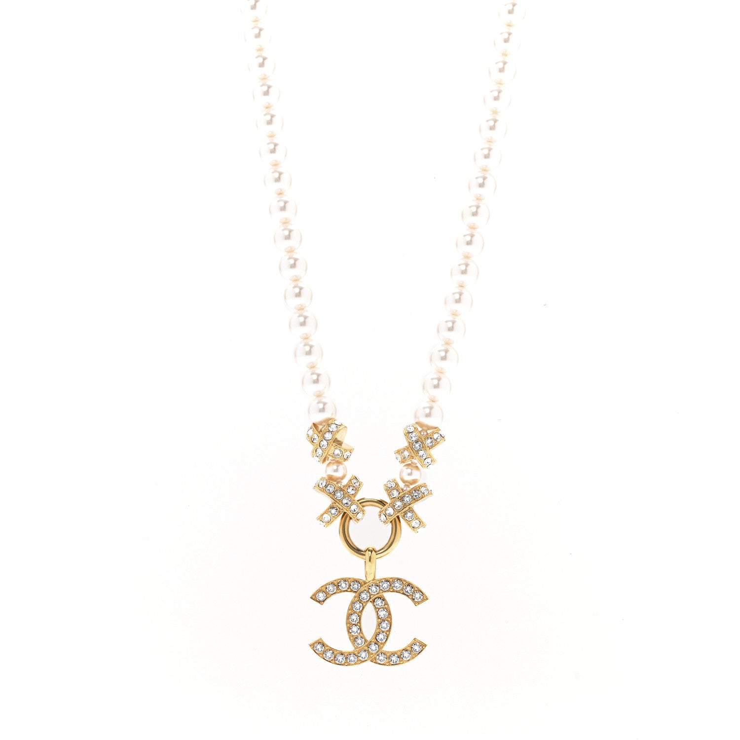 Metal Crystal CC X Pearl Necklace Gold