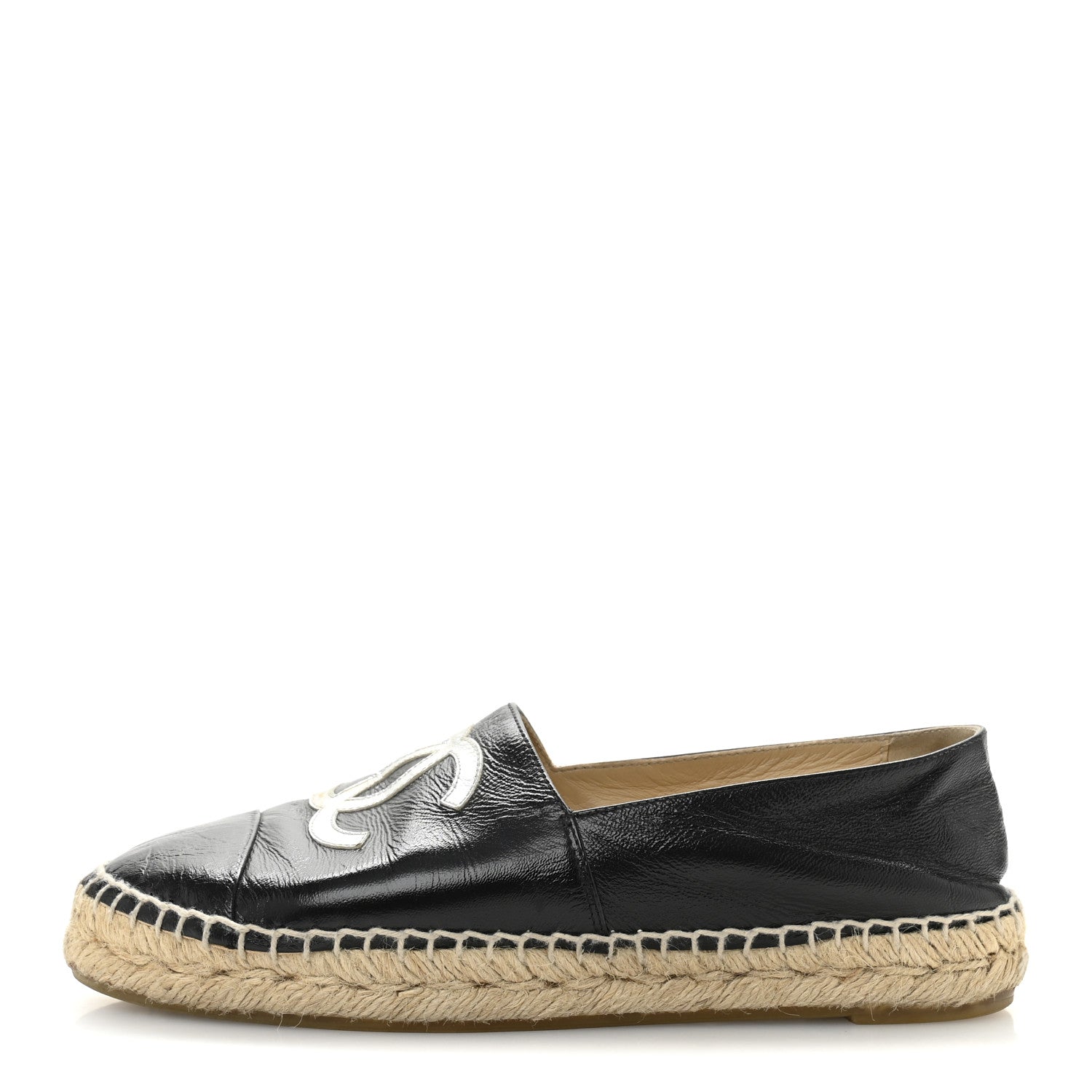 Patent Calfskin Metallic Goatskin CC Espadrilles 36 Black Silver