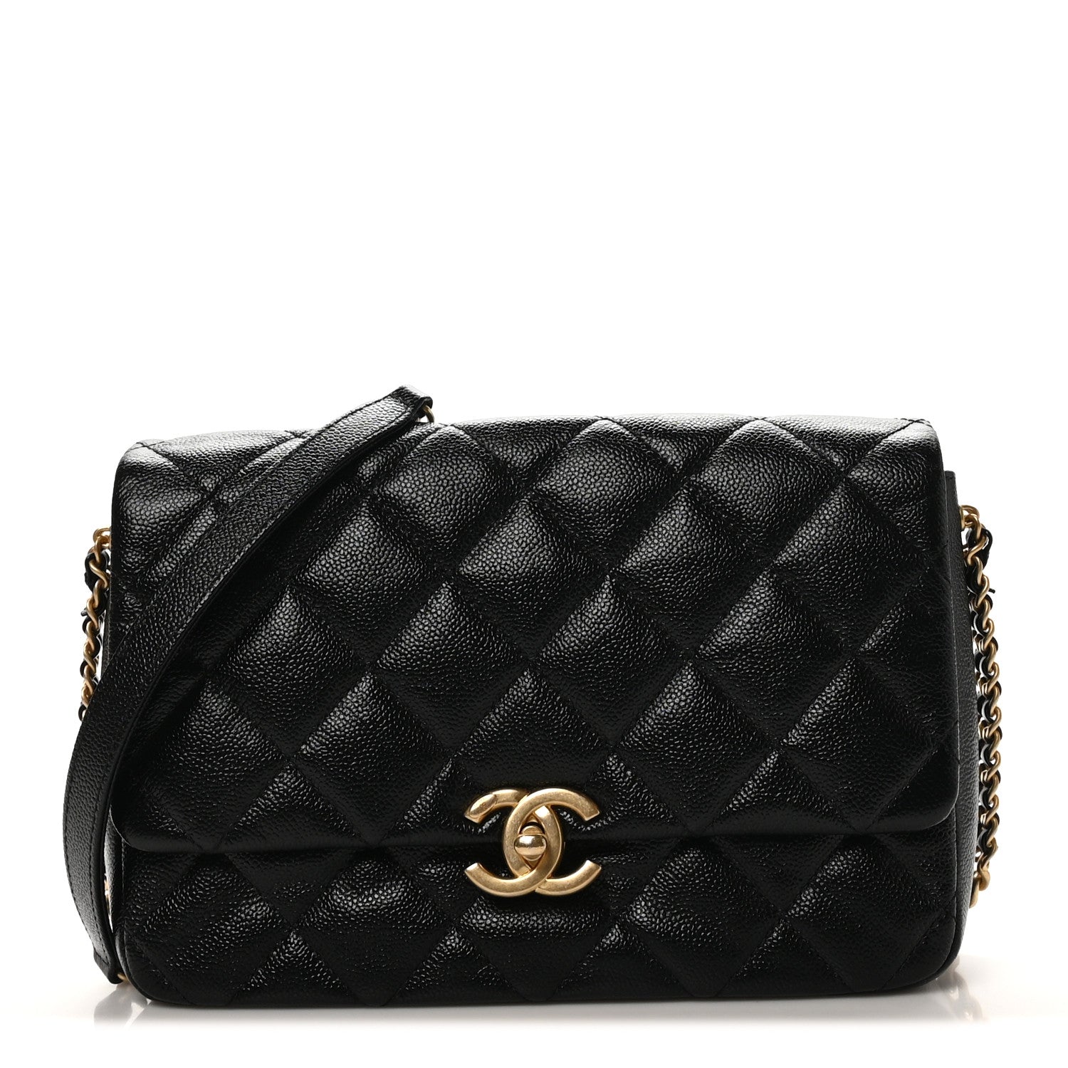 Shiny Caviar Quilted Large Chain Melody Flap Black