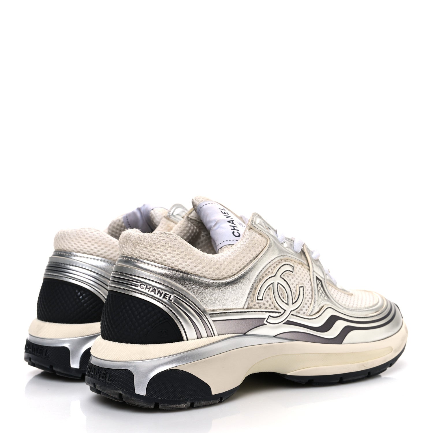 Fabric Laminated Calfskin Stretch CC Sneakers 37 White Silver