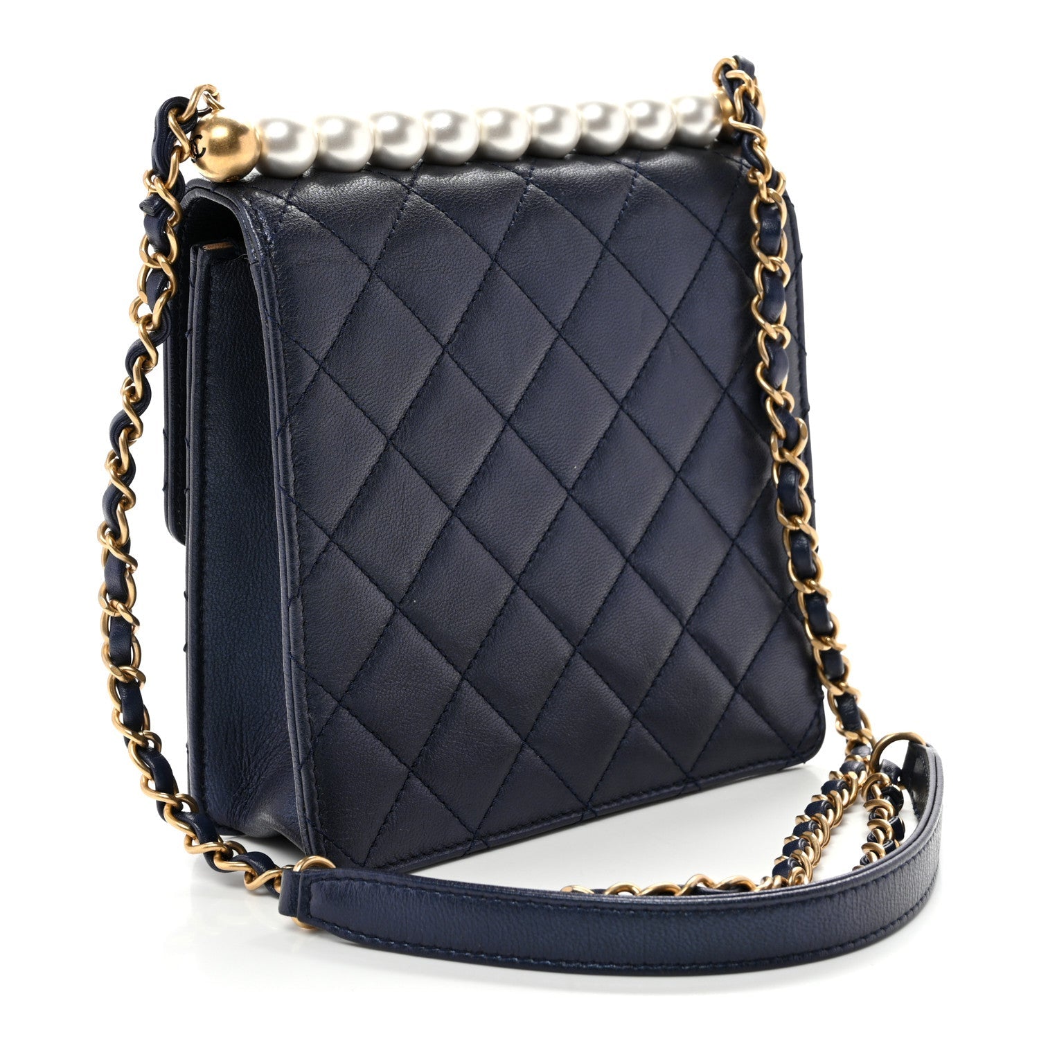 Iridescent Lambskin Quilted Chic Pearls Flap Navy Blue