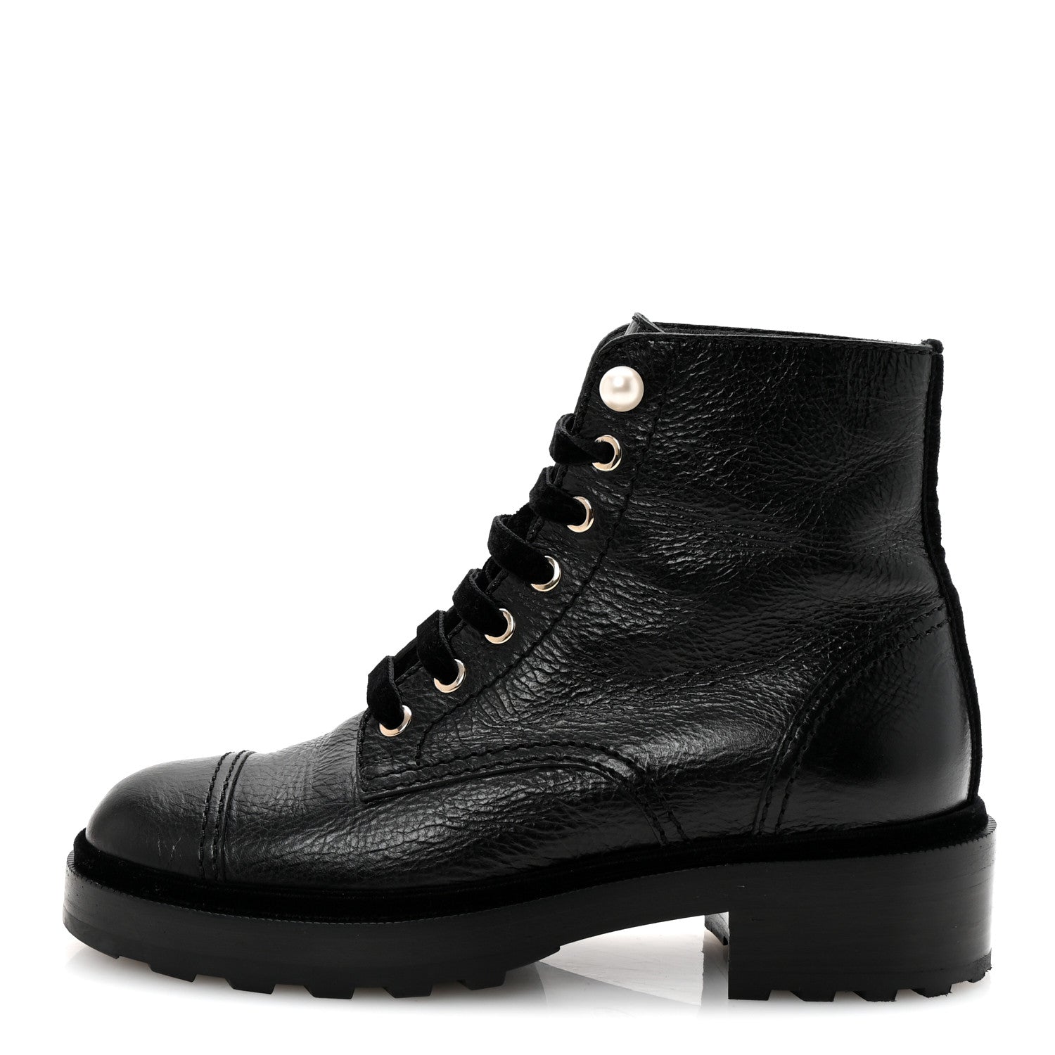 Shiny Calfskin Velvet Pearl Combat Short Boots 37 Black
