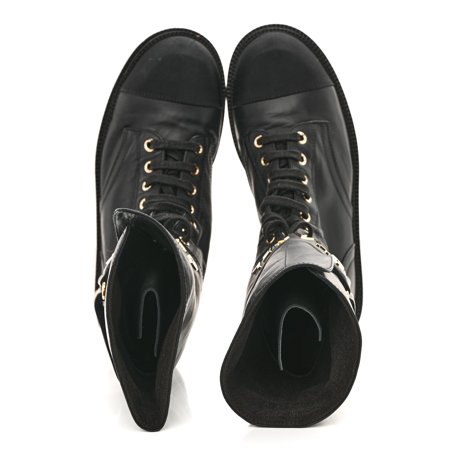 Shiny Calfskin Lace Up Combat Boots 37 Black